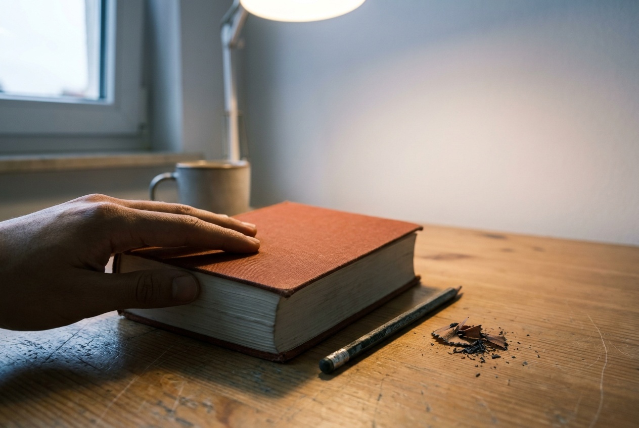 Eine Hand schließt auf einem Holztisch ein leeres Notizbuch